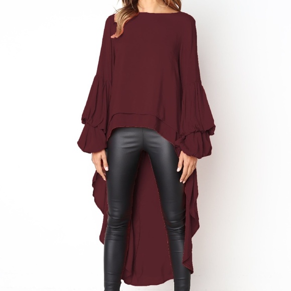 Re/Chic Apparel Tops - Wine Long Sleeve Hi Low Blouse